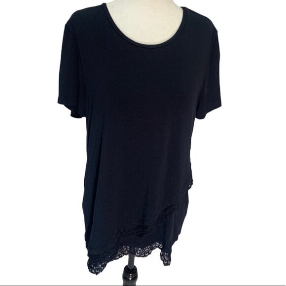 karl Lagerfeld Black T-Shirt Top Lace Hemline with Crossover Detail Size… - Picture 2 of 11